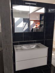 Mobiltesino italienisches Badinterieur Ceramica Bianco 90cm - Waschtisch + Unterschrank + Spiegelschrank mit LED Beleuchtung 