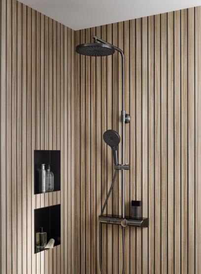 Aktion! HSK Shower-Set AquaXPro 200 Thermostat Gunmetall gebürstet mit Echtglasablage (ESG), Schwarz
